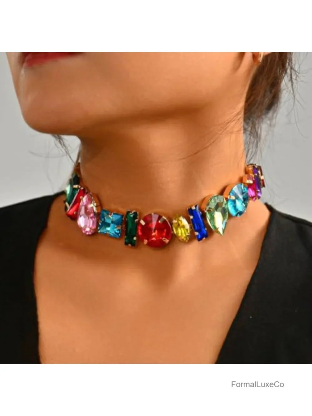 Alloy Gemstone Rhinestone Choker Necklace with Lobster Clasp Adjustable Chain